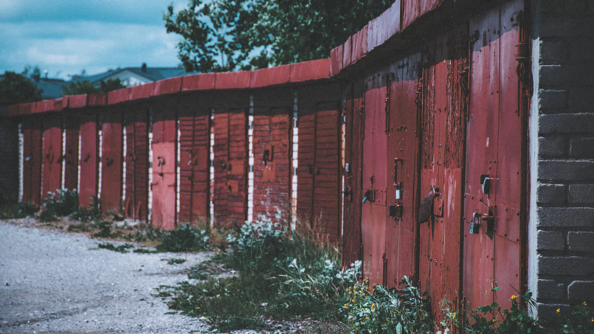 A row of red garage doors with plants growing along their edges in Kopli