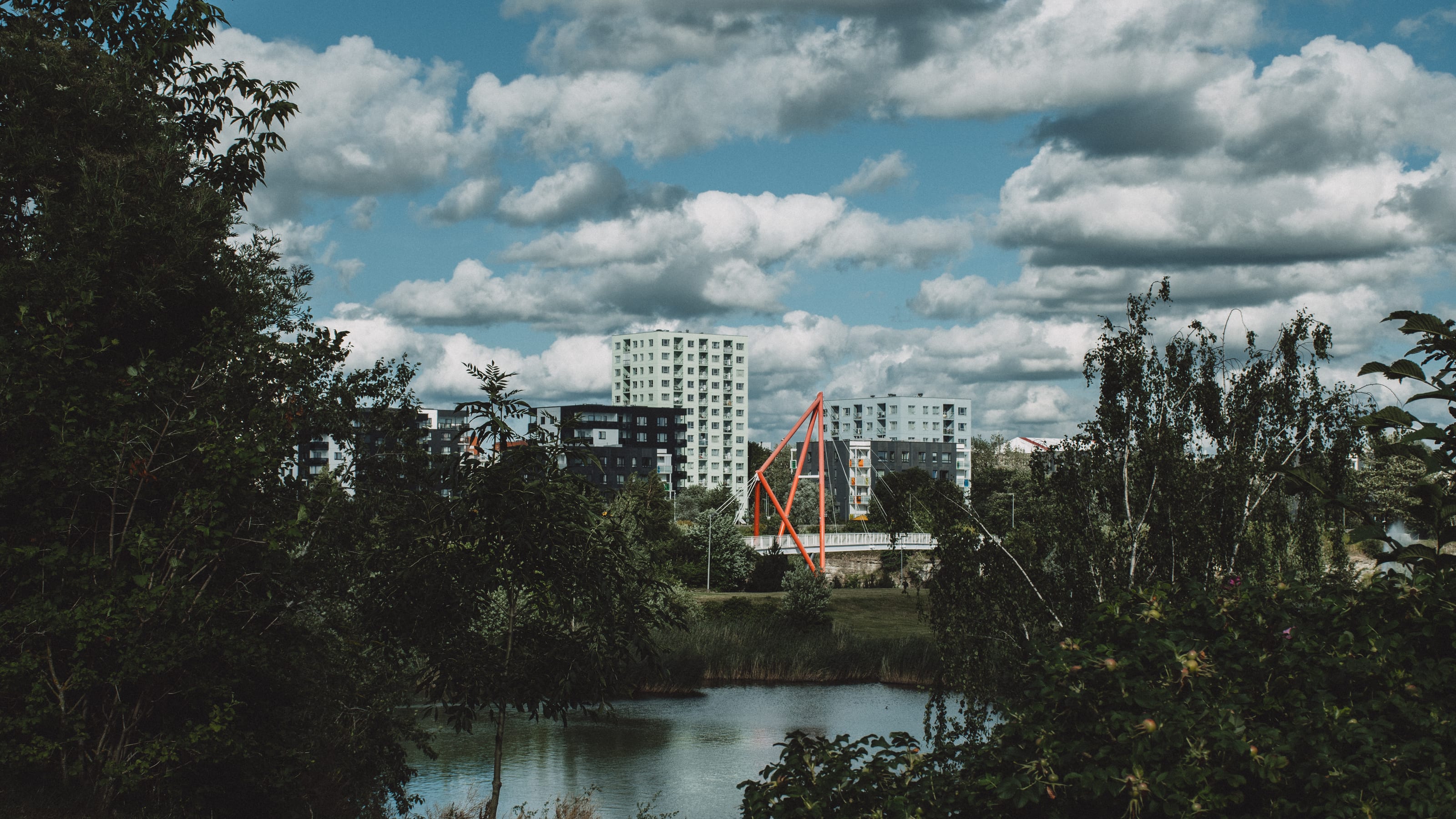 Park pond framed by trees with Tallinn apartments beyond in Kadriorg Park, Tallinn, Estonia.