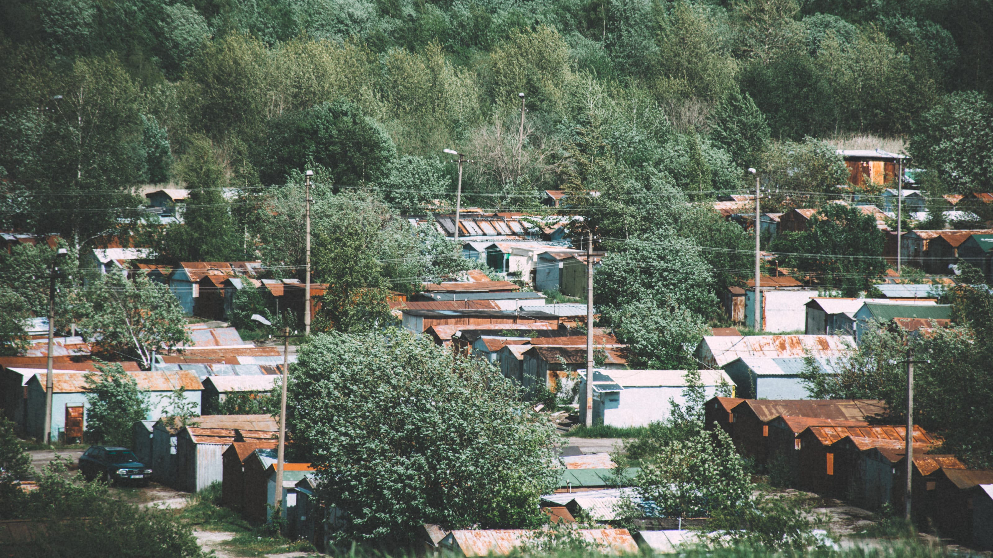 Allotment gardens spread across a green hillside in Kopli, Tallinn, Estonia.