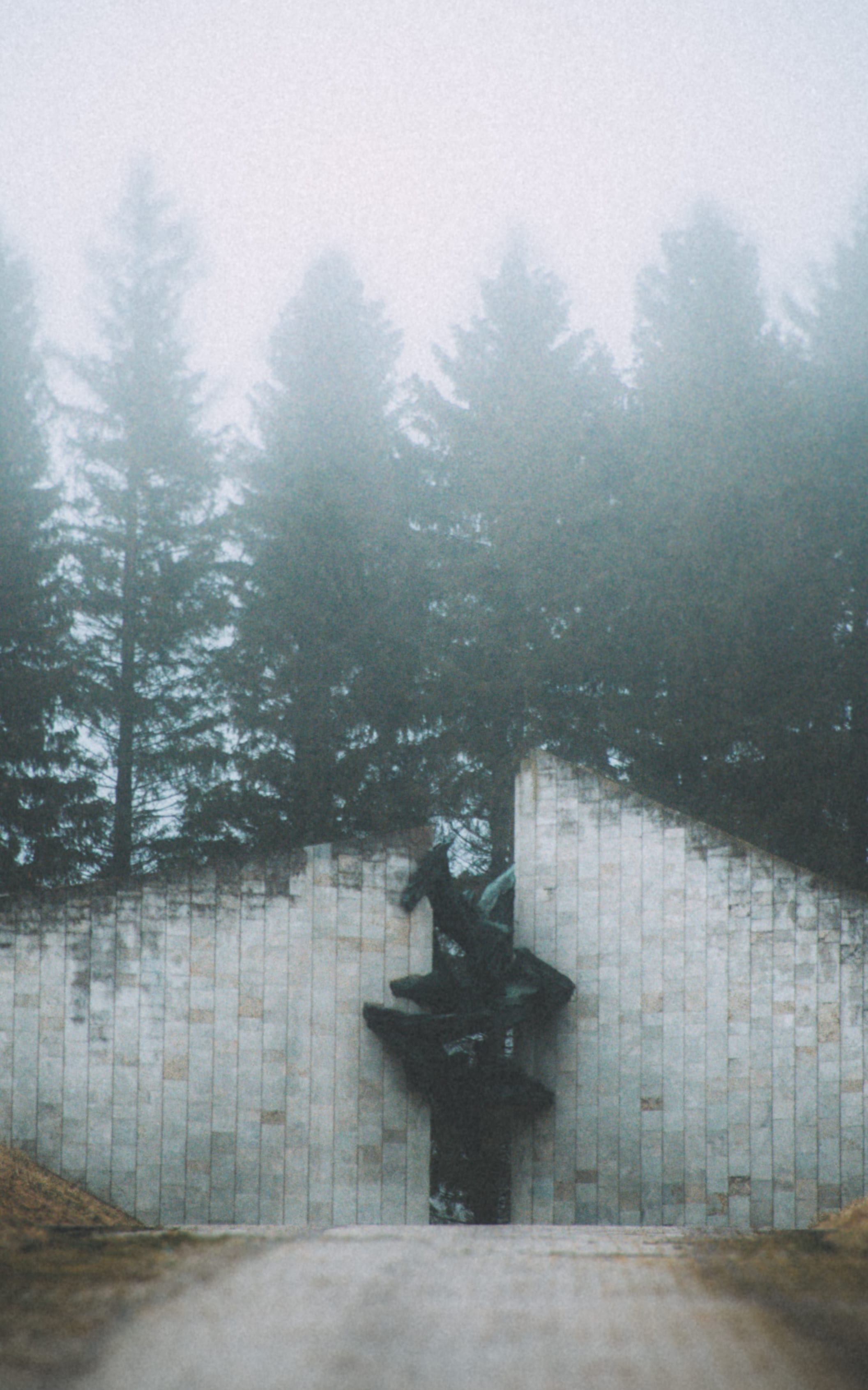 Snowy memorial steps disappearing into foggy woodland in Maarjamäe, Tallinn, Estonia.