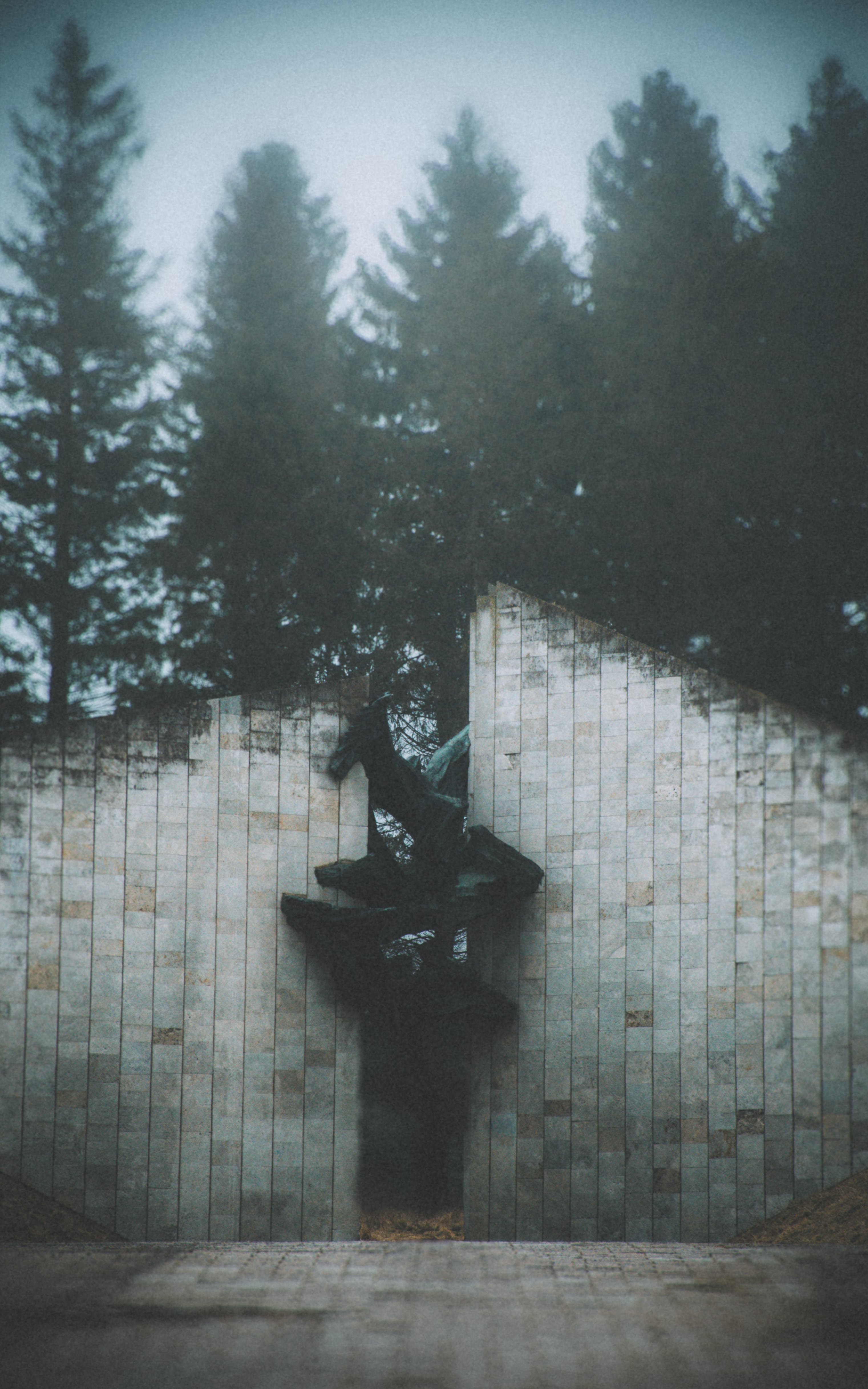 Dark memorial figure reflected on wet stone in mist in Maarjamäe, Tallinn, Estonia.