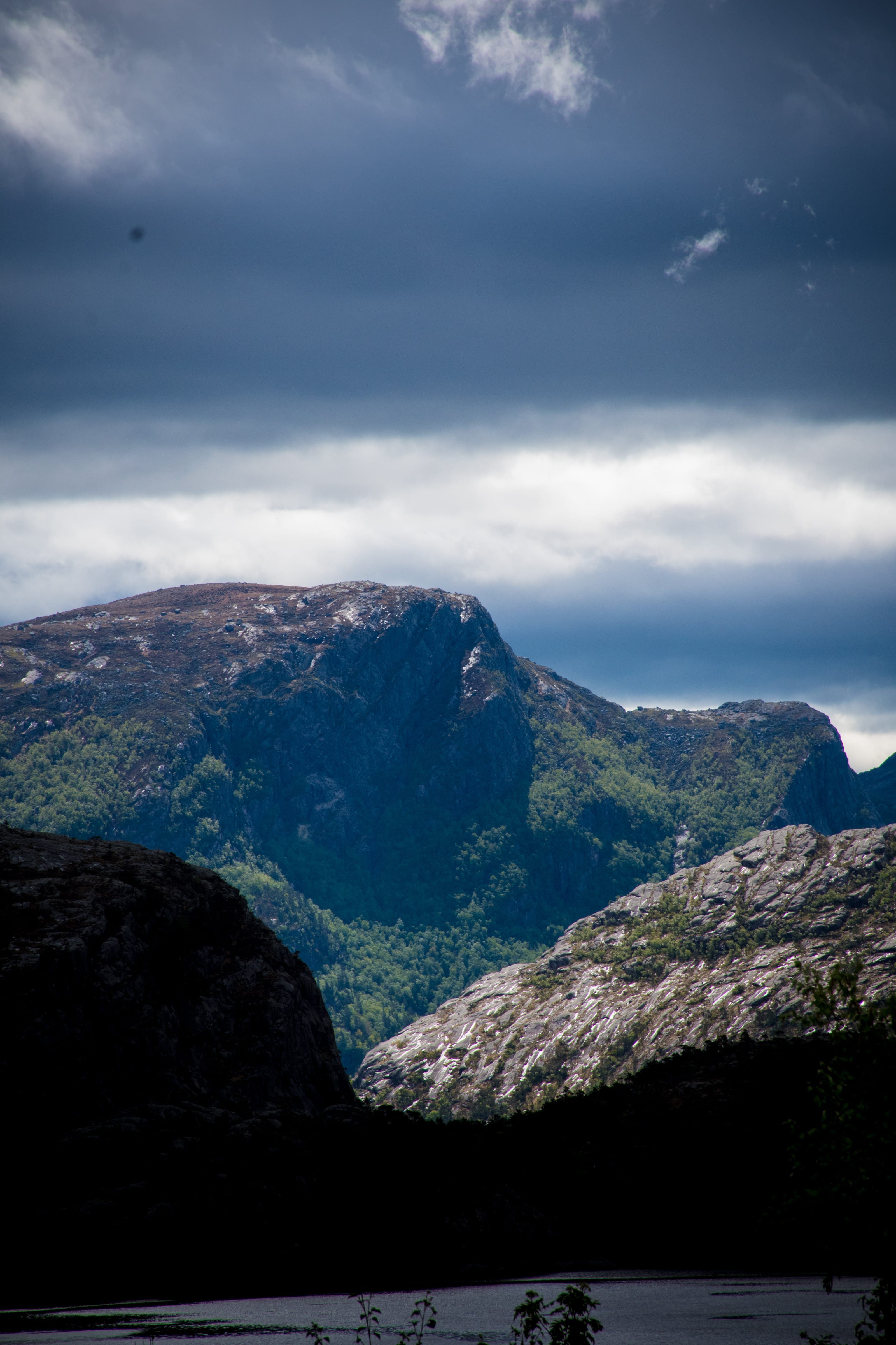 Vertical view across a steep fjord valley in coastal Norway.